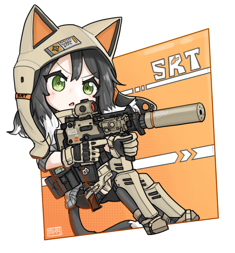 1girl animal_ears animal_hat bike_shorts black_hair black_shorts brown_footwear brown_gloves brown_headwear cat_ears cat_tail chibi commentary english_commentary fake_animal_ears gloves green_eyes grey_shirt gun hair_between_eyes hat holding holding_gun holding_weapon multicolored_hair original parted_lips shirt shorts solo srtdrawart suppressor tail two-tone_hair v-shaped_eyebrows weapon weapon_request white_hair