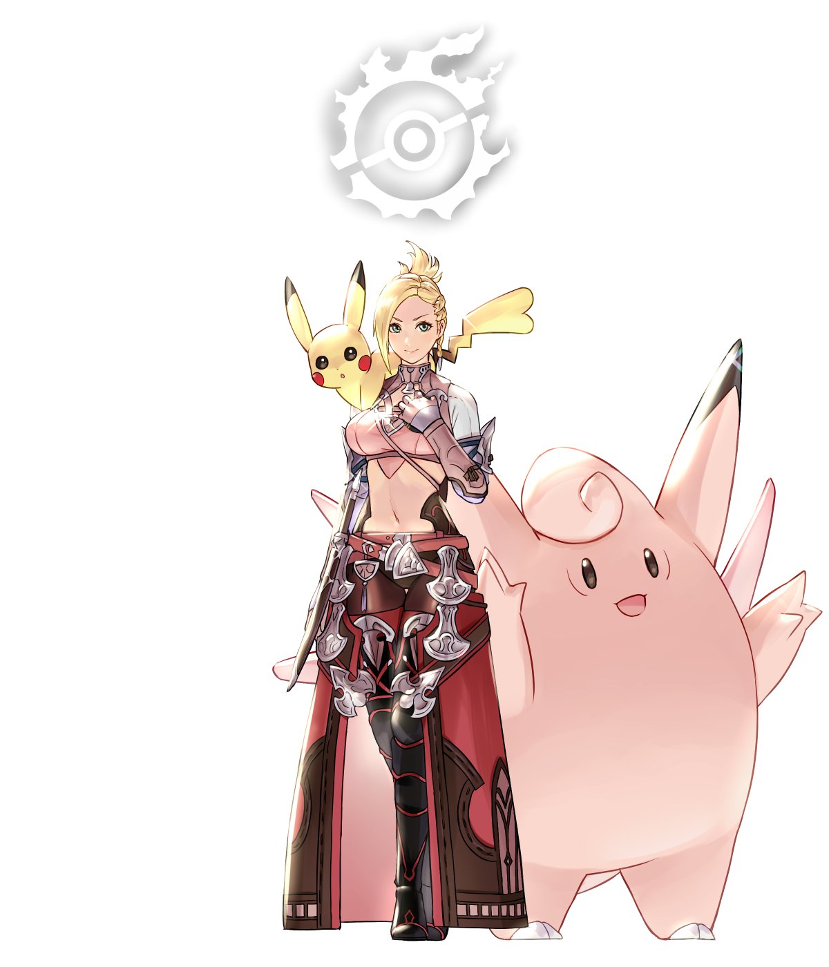 1girl backlighting blonde_hair braid breasts clefable commentary crossover final_fantasy final_fantasy_xiv green_eyes heart heart_tail highres hyur looking_at_viewer medium_breasts midriff minfilia_warde navel pikachu pokemon pokemon_(creature) potion_lilac short_hair simple_background tail white_background