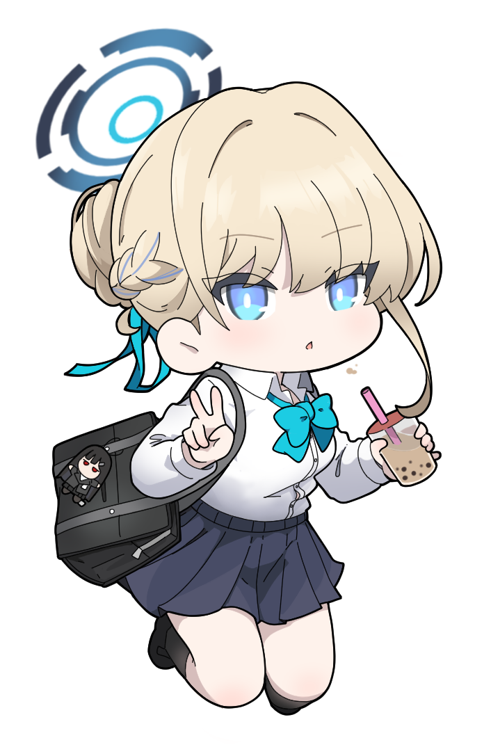 1girl bag bag_charm black_footwear black_socks blonde_hair blue_archive blue_bow blue_eyes blue_hair blue_skirt bow braid breasts bubble_tea charm_(object) chestnut_mouth chibi collared_shirt commentary_request cup disposable_cup dress_shirt drinking_straw full_body hair_bun halo holding holding_cup looking_at_viewer medium_breasts multicolored_hair nyaru_(nyaru_4126) parted_lips pleated_skirt rio_(blue_archive) school_bag school_uniform shirt shoes simple_background skirt socks solo streaked_hair toki_(blue_archive) white_background white_shirt