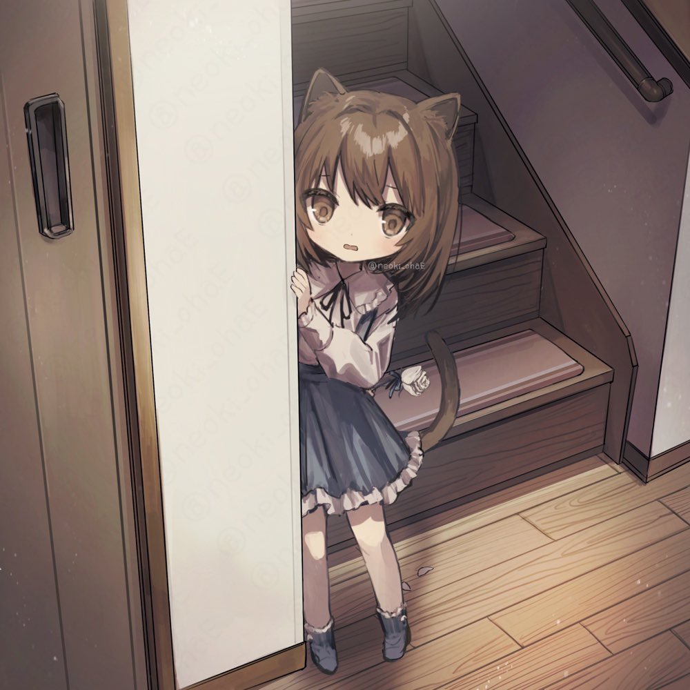 1girl animal_ears arm_behind_back blue_footwear blue_skirt brown_eyes brown_hair cat_ears cat_girl cat_tail child door female_child flower full_body grey_shirt hiding indoors looking_at_viewer neoki_ohae open_mouth original peeking_out rose shirt shoes short_hair skirt solo stairs suspender_skirt suspenders tail