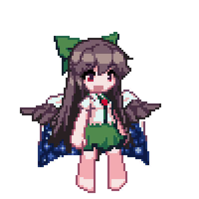 1girl barefoot bow breasts cape feathered_wings full_body green_bow green_skirt hair_bow honyaa_(honya--1123) long_hair lowres open_mouth pixel_art red_eyes reiuji_utsuho shirt simple_background skirt small_breasts solo third_eye_on_chest touhou white_background white_cape white_shirt wings