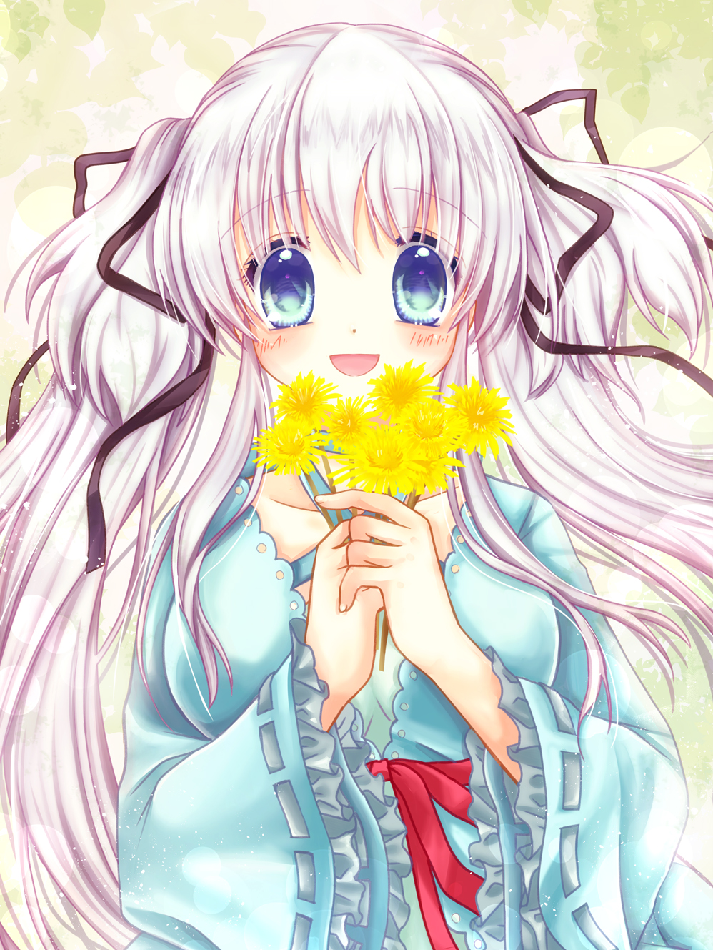 1girl :d black_ribbon blue_eyes blue_jacket blush breasts collarbone dress flower frilled_sleeves frills hair_between_eyes hair_ribbon hands_up highres holding holding_flower jacket long_hair mabinogi medium_breasts nao_(mabinogi) official_alternate_costume open_mouth red_ribbon ribbon ribbon-trimmed_sleeves ribbon_trim shararan sidelocks smile solo straight-on twintails very_long_hair white_dress white_hair yellow_flower