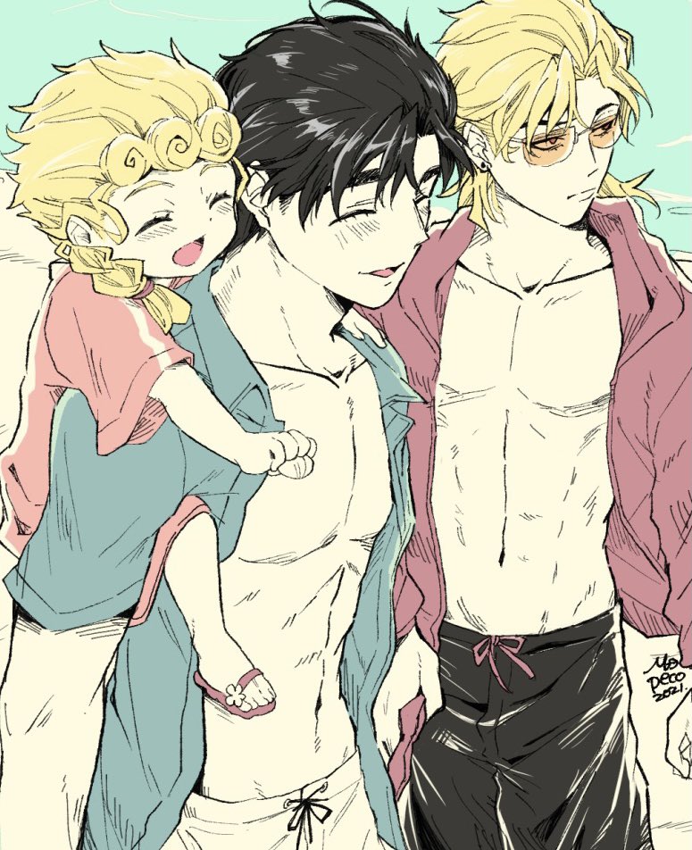 3boys aged_down beach blonde_hair blush braid closed_eyes closed_mouth collarbone dio_brando english_commentary family father_and_son giorno_giovanna implied_yaoi jacket jojo_no_kimyou_na_bouken jonathan_joestar long_hair male_child male_focus male_swimwear morino_peko multiple_boys navel open_mouth outdoors red_eyes sand sandals short_hair smile summer sunglasses toned toned_male vento_aureo water