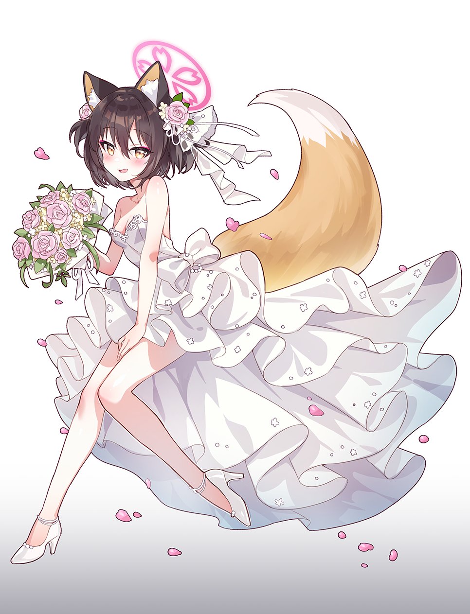 1girl :d alternate_costume animal_ears bare_legs bare_shoulders between_legs blue_archive blush bouquet bow breasts brown_hair dress eyeshadow fangs flower fox_ears fox_girl fox_tail from_side full_body hair_between_eyes hair_flower hair_ornament halo hand_between_legs hand_up happy high_heels highres holding holding_bouquet izuna_(blue_archive) layered_dress leaning_forward leg_up makeup medium_hair petals picter pink_eyeshadow pink_flower pink_rose rose slit_pupils small_breasts smile solo standing standing_on_one_leg strapless strapless_dress tail wedding_dress white_bow white_dress yellow_eyes
