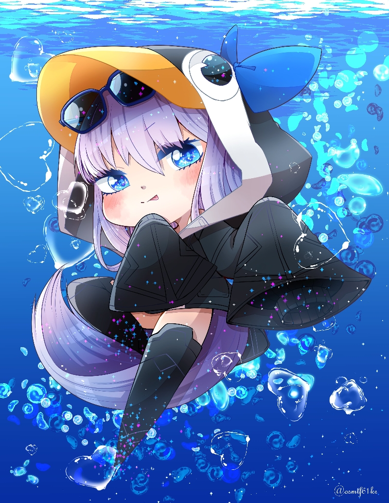 :p air_bubble animal_hood blue_bow blue_eyes blush bow bubble chibi eyelashes eyewear_on_head fate/grand_order fate_(series) hair_between_eyes heart hood hood_up hoodie long_hair meltryllis_(fate) meltryllis_(swimsuit_lancer)_(fate) osmtf61kr penguin_hood prosthesis prosthetic_leg purple_hair sleeves_past_fingers sleeves_past_wrists sunglasses swimsuit tongue tongue_out underwater