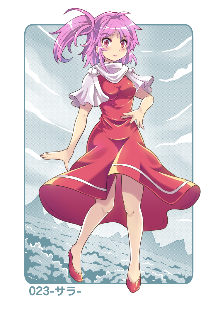 1girl ahoge clouds colonel_aki commentary_request dress hand_on_hip looking_at_viewer mountain pink_hair red_dress red_eyes red_footwear sara_(touhou) shoes short_sleeves side_ponytail skirt sky solo touhou translation_request tree