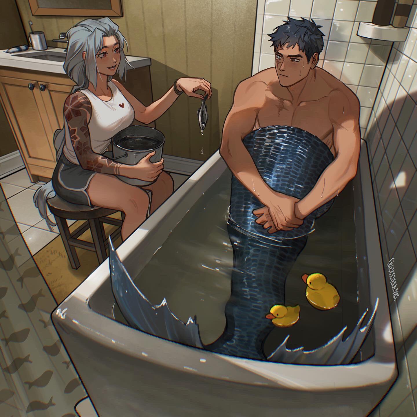 1boy 1girl animal arm_tattoo artist_name bathing bathroom bathtub black_hair black_shorts blue_scales brown_eyes bucket closed_mouth completely_nude cupboard dolphin_shorts etceteraart fins fish full_body grey_hair heterochromia highres holding holding_animal holding_bucket holding_fish holding_own_wrist indoors long_hair looking_at_another mirror nude open_mouth original partially_blind red_eyes reflection reflective_wall rubber_duck scales scar scar_across_eye scar_on_chest shadow short_hair shorts shower_curtain sink sitting sleeveless smile stool tank_top tattoo tile_floor tile_wall tiles toned toned_male twitter_username very_long_hair very_short_hair wet white_eyes white_tank_top