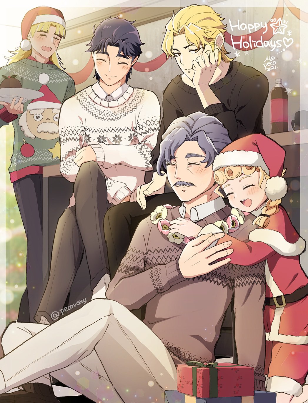 5boys aged_down black_pants black_sweater blonde_hair blue_hair blush braid christmas christmas_present christmas_sweater closed_eyes closed_mouth dio_brando english_commentary facial_hair family father_and_son fur_trim george_joestar gift giorno_giovanna grandfather_and_grandson happy_holidays hat highres holding implied_yaoi indoors jojo_no_kimyou_na_bouken jonathan_joestar long_hair long_sleeves male_child morino_peko multiple_boys mustache open_mouth pants robert_e._o._speedwagon santa_costume santa_hat short_hair smile sweater vento_aureo white_pants