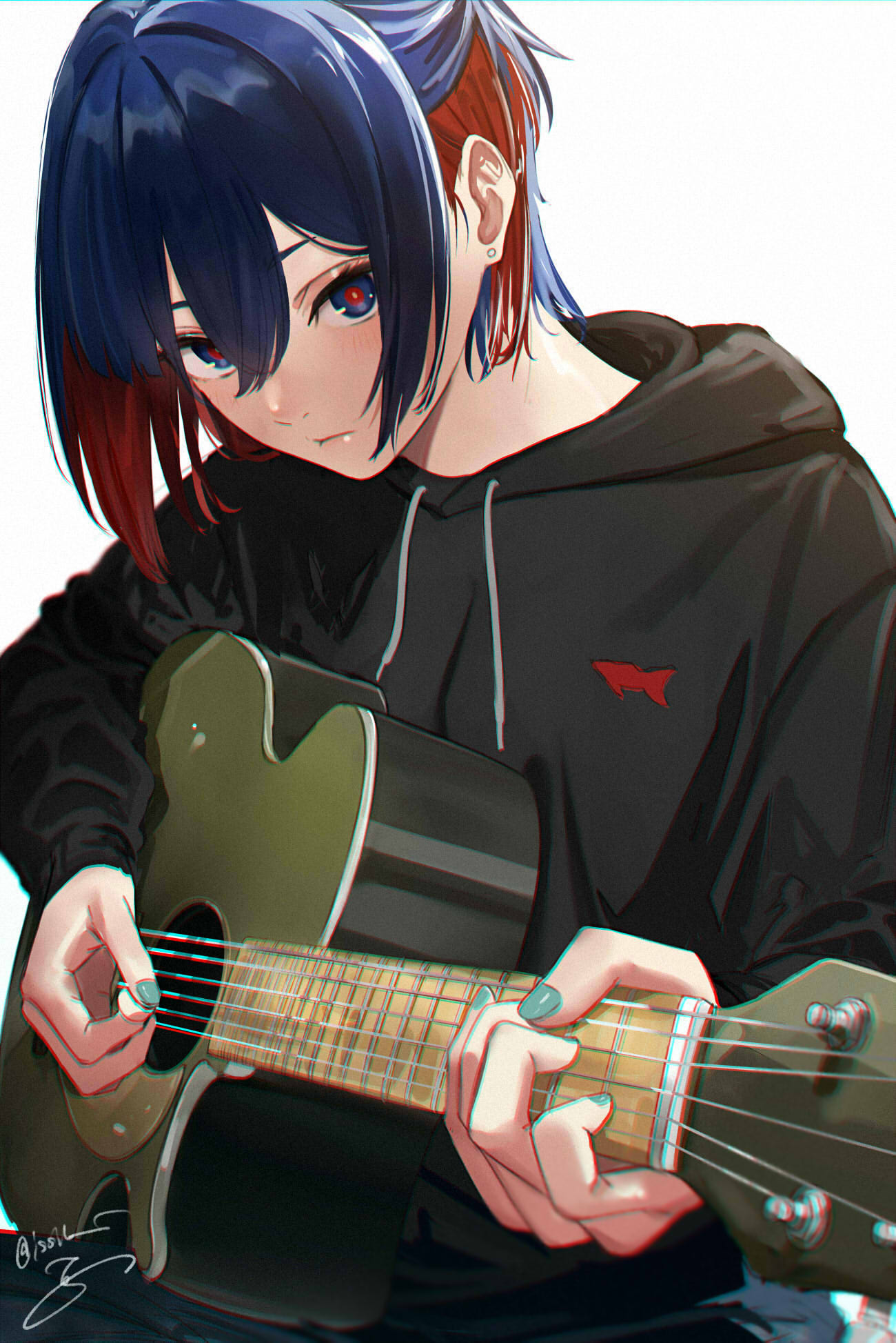 1girl acoustic_guitar alternate_costume alternate_hairstyle animal_print aqua_nails black_hoodie blue_eyes blue_hair closed_mouth colored_inner_hair commentary denim earrings fish_print guitar hair_between_eyes half_updo highres holding holding_instrument holding_plectrum hood hood_down hoodie instrument isshiki_(ffmania7) jeans jewelry kamitsubaki_studio leaning_forward light_blush looking_at_viewer multicolored_eyes multicolored_hair music pants playing_instrument plectrum red_eyes redhead rim_(kamitsubaki_studio) short_hair sitting solo stud_earrings symbol-only_commentary twitter_username upper_body upturned_eyes yellow_pupils