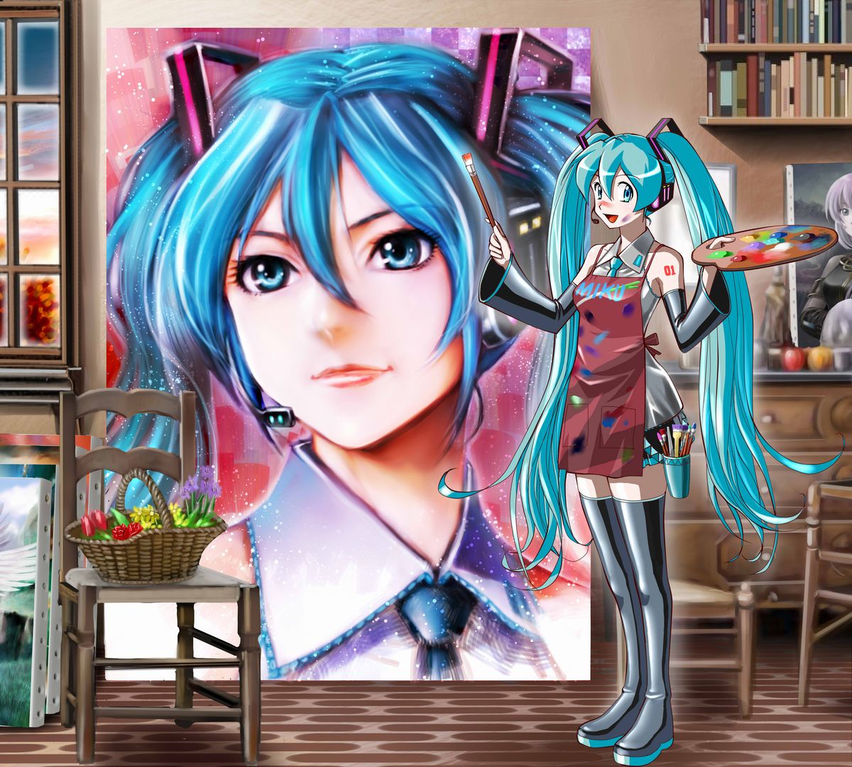 1girl apple apron aqua_eyes aqua_hair aqua_necktie artist_self-reference bare_shoulders basket black_sleeves black_thighhighs blush book bookshelf boots canvas_(object) chair character_name commentary cup detached_sleeves flower flower_basket food fruit grey_shirt hair_ornament hatsune_miku headphones headset holding holding_paintbrush holding_palette long_hair looking_at_viewer megurine_luka miniskirt necktie number_tattoo open_mouth paint paint_on_body paint_on_clothes paintbrush painting_(action) palette_(object) pleated_skirt shirt shoulder_tattoo skirt sleeveless sleeveless_shirt smile solo tattoo thigh-highs thigh_boots twintails very_long_hair vocaloid wide_shot window yusao zettai_ryouiki