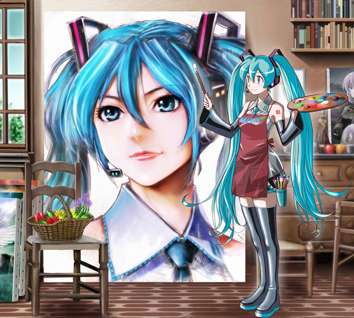 1girl apple apron aqua_eyes aqua_hair aqua_necktie artist_self-reference bare_shoulders basket black_sleeves black_thighhighs blush book bookshelf boots canvas_(object) chair character_name commentary cup detached_sleeves flower flower_basket food fruit grey_shirt hair_ornament hatsune_miku headphones headset holding holding_paintbrush holding_palette long_hair looking_away megurine_luka miniskirt necktie number_tattoo paint paint_on_clothes paintbrush painting_(action) palette_(object) pleated_skirt shirt shoulder_tattoo skirt sleeveless sleeveless_shirt smile solo tattoo thigh-highs thigh_boots twintails very_long_hair vocaloid wide_shot window yusao zettai_ryouiki