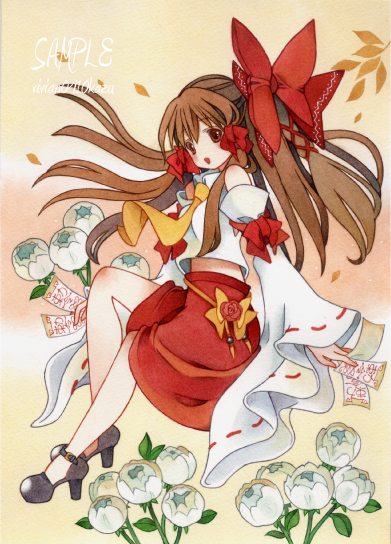 1girl adapted_costume bare_shoulders bow breasts brown_eyes brown_hair detached_sleeves flower from_side full_body hair_bow hakurei_reimu holding japanese_clothes junpyon0425 large_bow long_hair necktie no_socks open_mouth red_ribbon red_skirt ribbon ribbon-trimmed_sleeves ribbon_trim sample_watermark shirt skirt sleeveless sleeveless_shirt small_breasts solo touhou traditional_media white_flower white_shirt wide_sleeves yellow_necktie