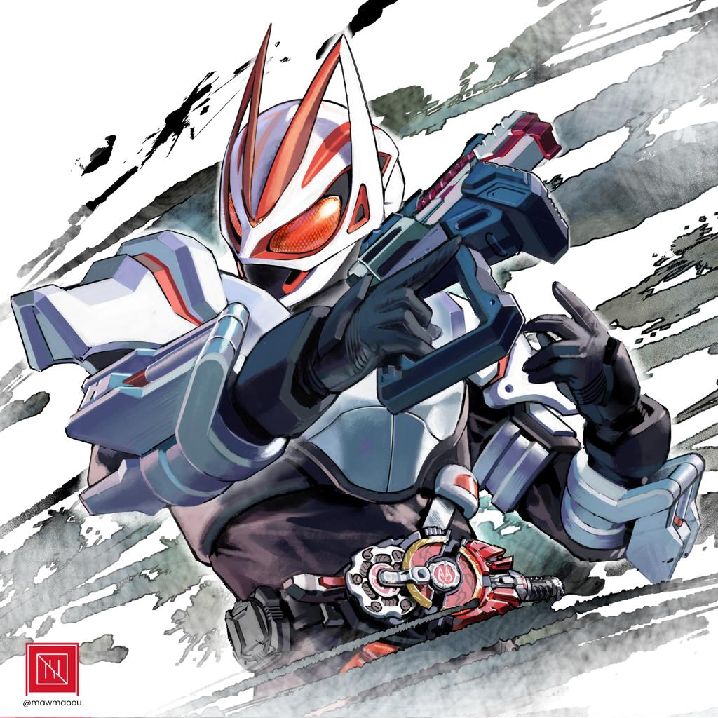 1boy armor black_bodysuit bodysuit boost_buckle commentary compound_eyes desire_driver fox_mask gun holding holding_gun holding_weapon kamen_rider kamen_rider_geats kamen_rider_geats_(series) kitsune magnum_buckle magnum_shooter_40x mask mawmaoou solo tokusatsu weapon white_armor white_background