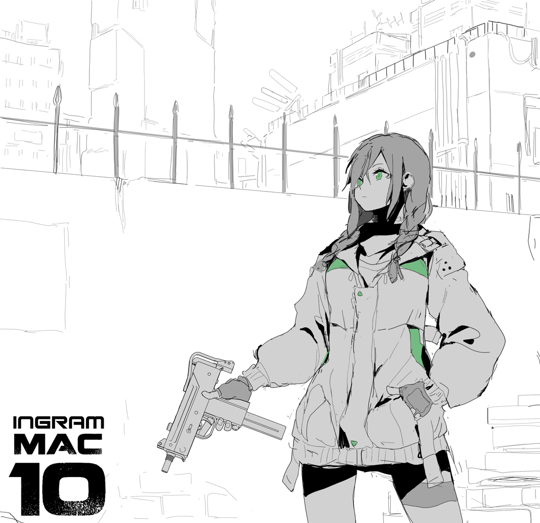 1girl braid character_name circle_a commentary_request cowboy_shot expressionless fingerless_gloves girls_frontline gloves green_eyes greyscale gun hair_over_one_eye hair_over_shoulder hand_in_pocket holding holding_gun holding_weapon jacket long_hair mac-10 mac-10_(girls'_frontline) monochrome outdoors sketch solo spot_color submachine_gun trigger_discipline weapon