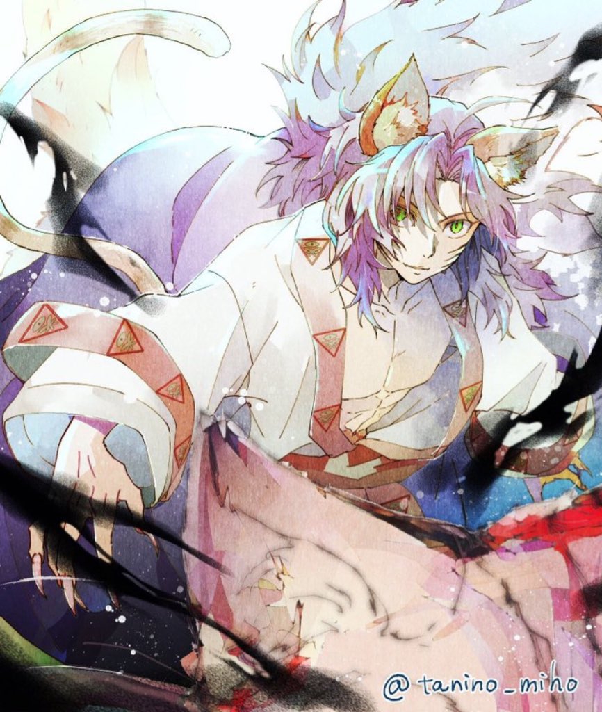 1boy animal_ears artist_name cat_boy cat_ears cat_tail green_eyes hair_between_eyes lo_po_bia_yasratcha long_hair long_sleeves parted_bangs parted_lips pectorals purple_hair scar scar_on_face smile tail tanino_miho tower_of_god traditional_clothes twitter_username