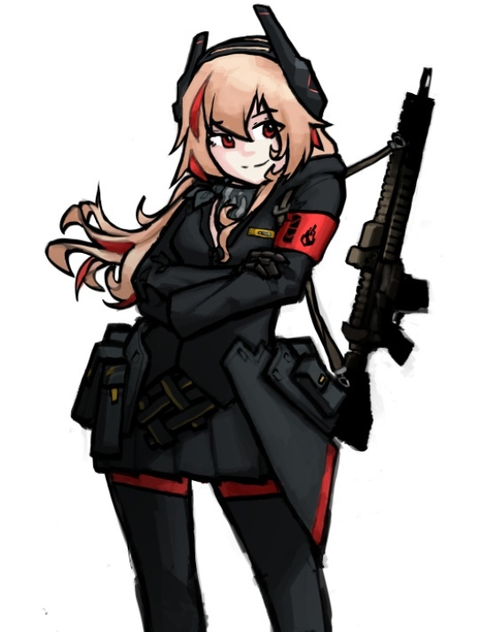 1girl assault_rifle black_gloves black_jacket black_pantyhose black_skirt commentary_request crossed_arms feet_out_of_frame floating_hair girls_frontline gloves gnom_na_korable gun hair_between_eyes headgear jacket light_brown_hair long_hair m4_carbine m4_sopmod_ii_(girls'_frontline) multicolored_hair name_connection object_namesake pantyhose pleated_skirt red_eyes redhead rifle simple_background skirt solo standing streaked_hair very_long_hair weapon white_background