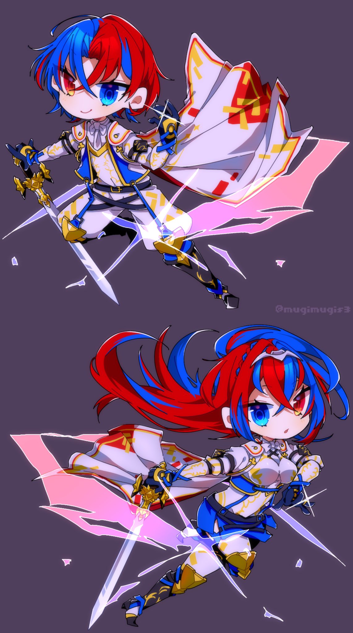 1girl alear_(female)_(fire_emblem) alear_(fire_emblem) alear_(male)_(fire_emblem) armor blue_eyes blue_hair braid breasts chibi crossed_bangs crown_braid emblem_ring fire_emblem fire_emblem_engage heterochromia highres holding holding_weapon liberation_(fire_emblem) long_hair looking_at_viewer medium_breasts mugimugis multicolored_hair red_eyes redhead split-color_hair sword thigh-highs thigh_strap tiara two-tone_hair very_long_hair weapon