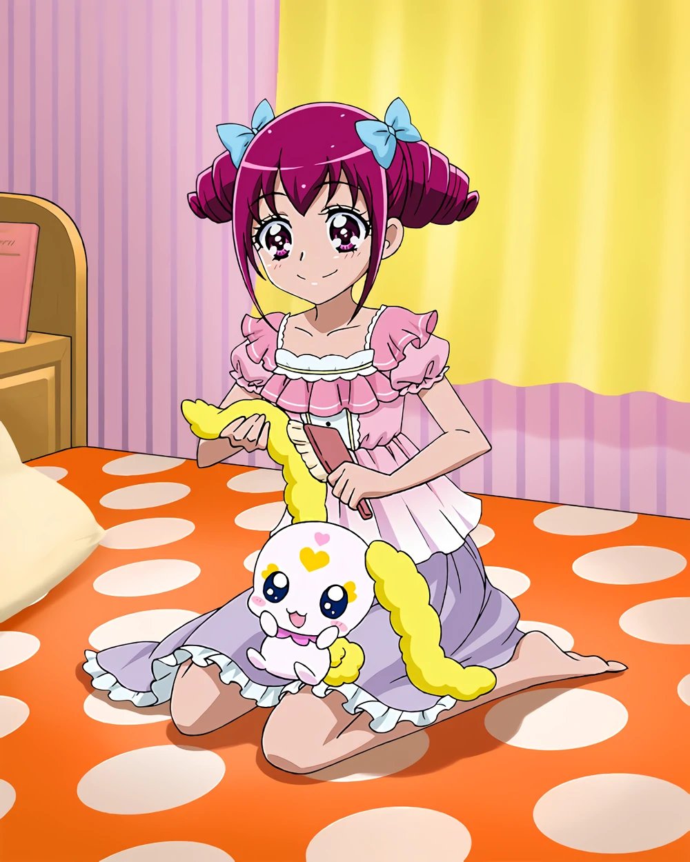 barefoot blue_bow blush bow brushing_another's_hair brushing_hair candy_(smile_precure!) drill_hair frilled_skirt frills hair_bow highres holding_hair_brush hoshizora_miyuki official_art on_bed pink_eyes pink_hair pink_shirt precure precure_connection_puzzlun purple_skirt shirt short_hair sitting skirt smile smile_precure! third-party_source twin_drills wariza