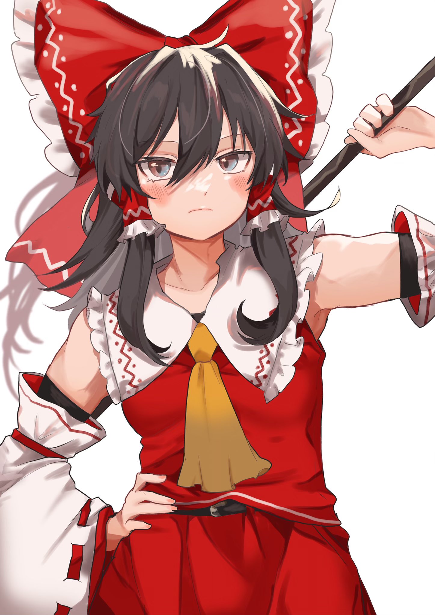 1girl armpit_peek ascot black_hair blush bow breasts detached_sleeves frilled_bow frills gohei hair_between_eyes hair_bow hair_tubes hakurei_reimu hand_on_hip highres holding holding_stick long_hair medium_breasts red_bow ribbon-trimmed_sleeves ribbon_trim sidelocks simple_background solo stick touhou uchisaki_himari white_background wide_sleeves