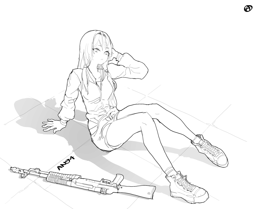 1girl adjusting_hair an-94 an-94_(girls'_frontline) assault_rifle casual circle_a commentary_request full_body girls_frontline grey_scarf gun hairband jacket long_hair looking_at_viewer on_ground rifle scarf shadow shoes shorts sitting sketch sneakers solo weapon
