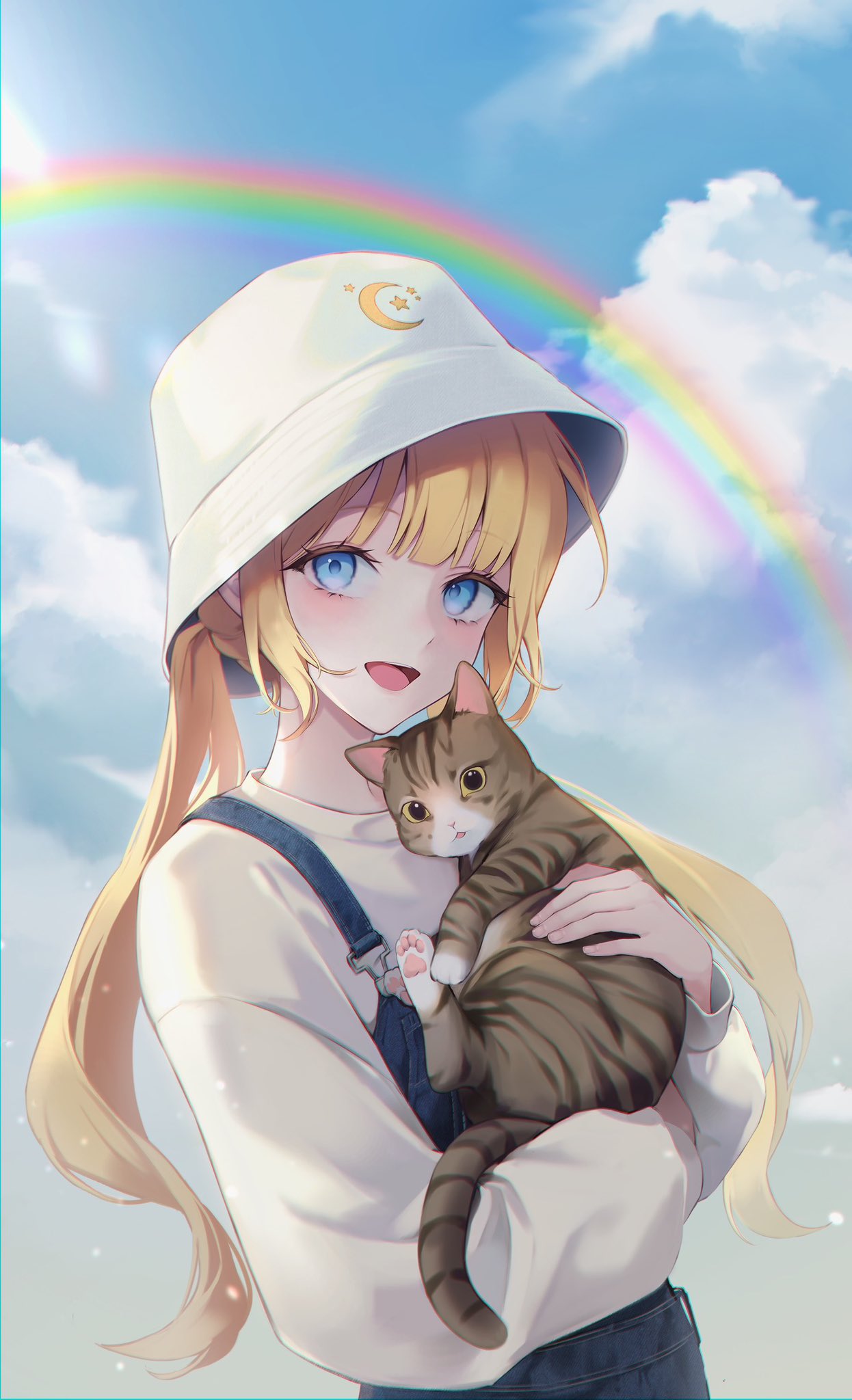 1girl animal animal_hands bbony_0_0 blonde_hair blue_eyes blush cat cat_tail clouds commission denim hat highres holding holding_animal long_hair long_sleeves looking_at_viewer low_twintails original rainbow renmou sunlight tail twintails