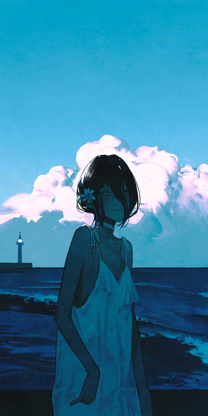 1girl bare_arms bare_shoulders beach black_hair blue_sky blue_theme blush breasts chainsaw_man choker closed_mouth clouds cloudy_sky collarbone dress flower grenade_pin hair_between_eyes hair_bun hair_flower hair_ornament highres horizon lighthouse long_bangs looking_at_viewer morning no_bra outdoors reinene reze_(chainsaw_man) shore single_hair_bun sky sleeveless sleeveless_dress small_breasts solo sundress water white_choker white_dress white_flower
