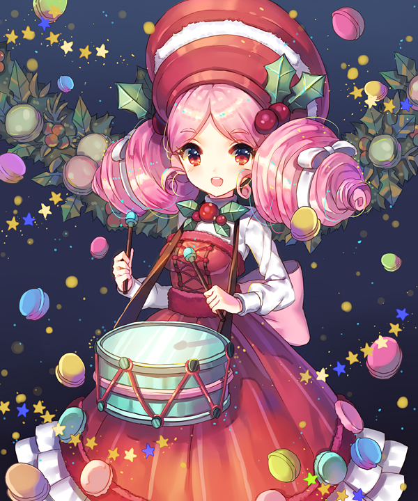 1girl artist_request bow bowtie braid braided_bun cookie_run double_bun dress drill_hair drum drumsticks food green_bow hair_bun happy hat humanization instrument looking_at_viewer macaron macaron_cookie non-web_source open_mouth personification pink_hair red_eyes red_headwear smile solo twin_drills