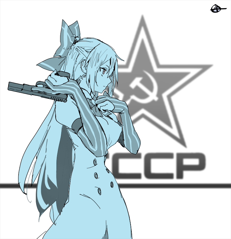 1girl bow breasts circle_a commentary_request cowboy_shot dress from_side girls_frontline gun hair_bow hammer_and_sickle handgun juliet_sleeves large_breasts long_hair long_sleeves monochrome profile puffy_sleeves red_eyes solo spot_color star_(symbol) tokarev_(girls'_frontline) tokarev_tt-33 weapon