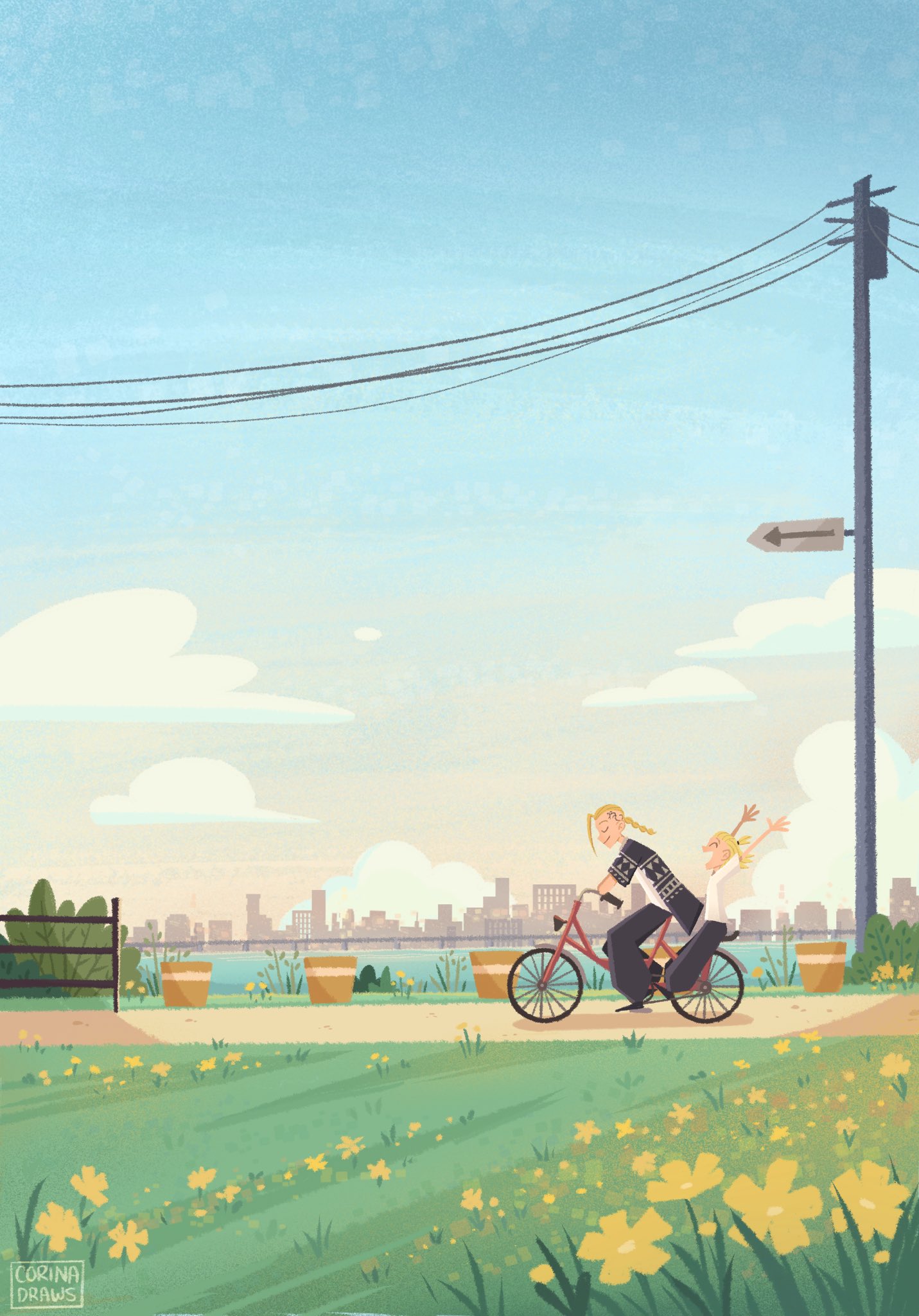 1boy 1girl bicycle black_pants blonde_hair braid cartoonized city closed_eyes clouds cocoreena commentary english_commentary flower grass ground_vehicle head_tattoo highres pants riding riding_bicycle river road_sign ryuuguuji_ken sano_emma shirt sign single_braid smile tokyo_revengers toon_(style) white_shirt