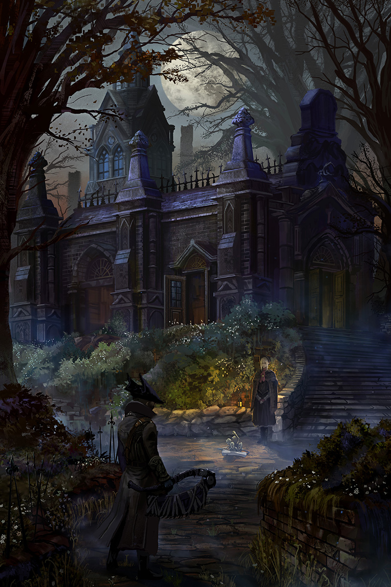 1boy 1girl ascot bloodborne brown_cloak building bush cloak doll doorway hat highres hunter_(bloodborne) lantern moon plain_doll red_ascot saw_cleaver scenery stairs standing tree tricorne window yagaminoue