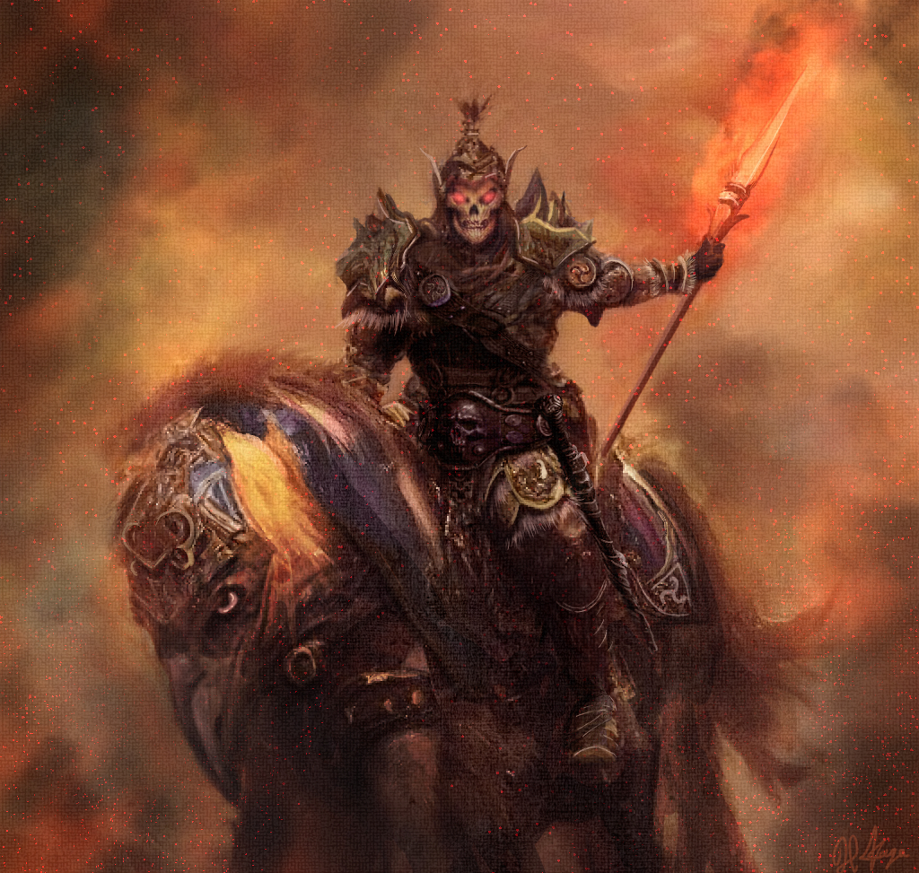 1boy armor boots clark_&amp;_company dust facing_viewer gagarth_(glorantha) glorantha glowing glowing_eyes grin helmet outdoors polearm red_eyes runequest saddle sheath sheathed shoulder_spikes skull smile solo spear spikes weapon