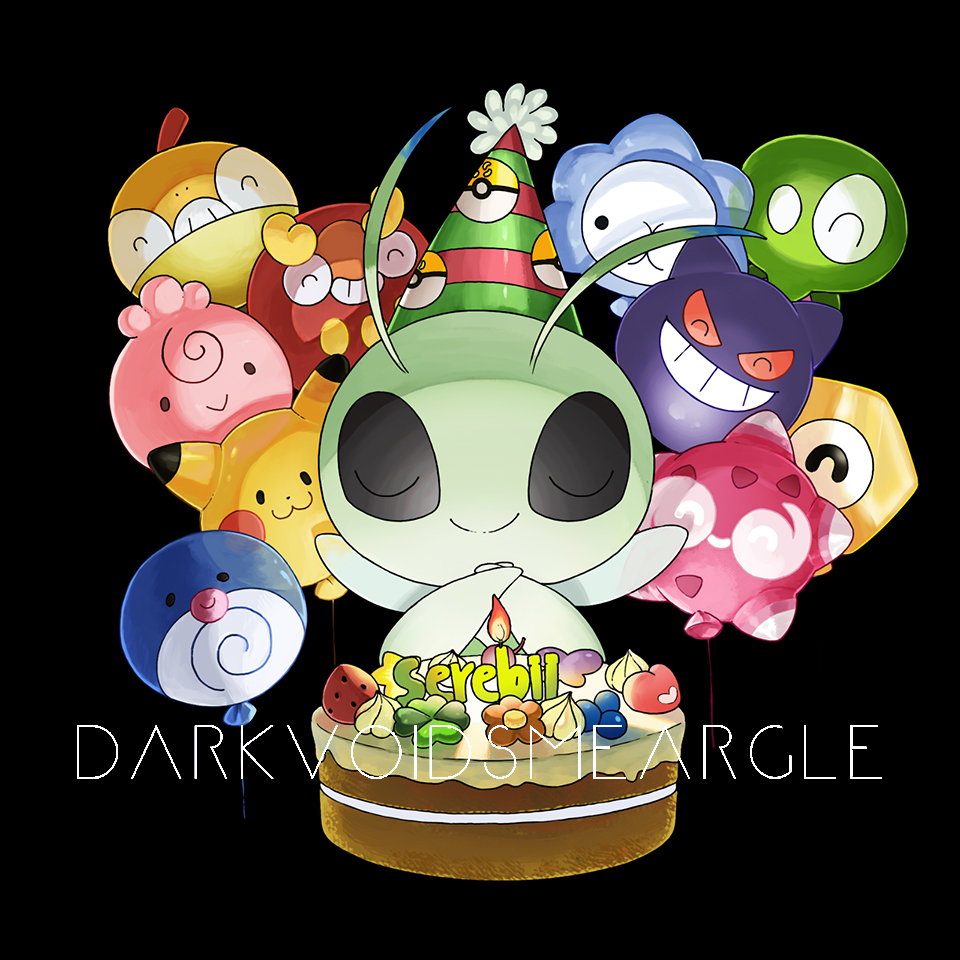 artist_name black_background cake candle celebi closed_eyes closed_mouth clothed_pokemon commentary darkvoiddoble darumaka facing_viewer fire flame food gengar hat igglybuff meltan minior no_humans party_hat pikachu poke_ball_print pokemon pokemon_(creature) poliwag scraggy smile snom striped striped_headwear u_u watermark zygarde