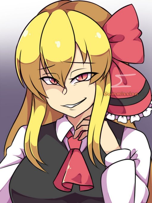 aged_up ascot black_vest blonde_hair breasts commission hair_between_eyes hair_ribbon hand_on_own_face long_hair long_sleeves medium_breasts neferkitty ofuda red_ascot red_eyes ribbon rumia shirt slit_pupils teeth touhou upper_body vest white_shirt yandere