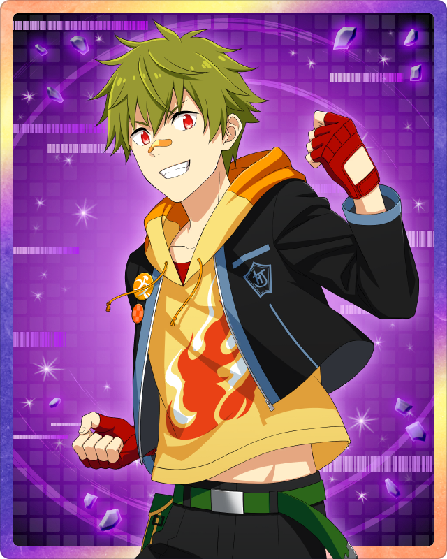 1boy akiyama_hayato bandaid bandaid_on_face bandaid_on_nose belt clenched_hands fingerless_gloves fingernails gloves glowing glowing_eyes green_belt green_hair hair_between_eyes hood hoodie idolmaster idolmaster_side-m idolmaster_side-m_growing_stars jacket long_sleeves looking_at_viewer male_focus midriff_peek official_alternate_costume official_art open_clothes open_jacket red_eyes red_gloves smile solo teeth v-shaped_eyebrows yellow_hoodie