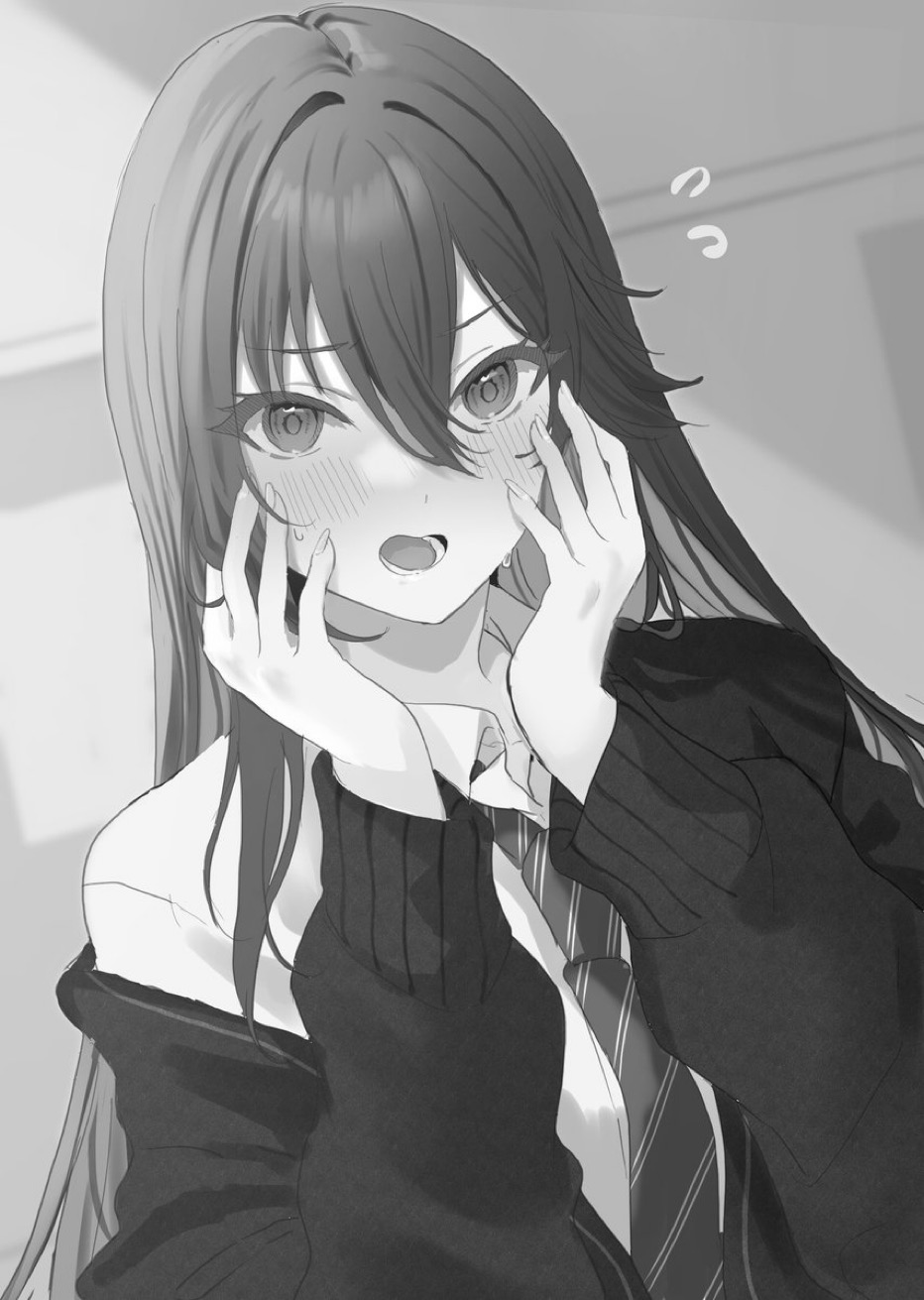 1girl blush cardigan collared_shirt commentary_request diagonal-striped_necktie flying_sweatdrops greyscale hair_between_eyes hamu_(plot_sy) hands_up highres long_hair long_sleeves looking_at_viewer monochrome off_shoulder open_cardigan open_clothes open_mouth original puffy_long_sleeves puffy_sleeves school_uniform shirt solo upper_body very_long_hair