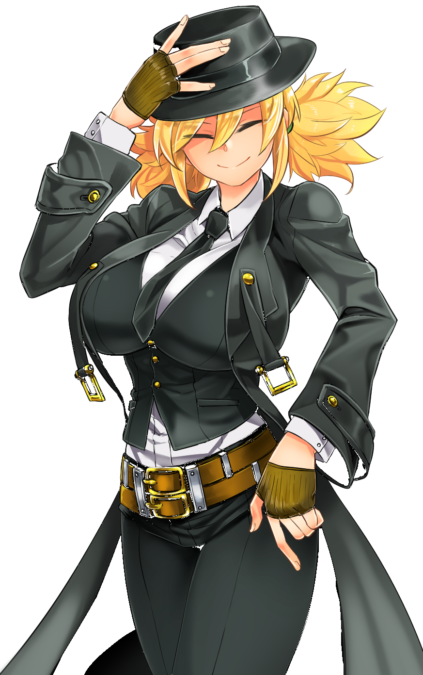 1girl ^_^ alternate_costume artist_request bad_link belt black_headwear black_suit blazblue blonde_hair breasts closed_eyes cosplay fingerless_gloves fingernails formal gloves hat hazama hazama_(cosplay) highres large_breasts long_sleeves multiple_belts necktie senran_kagura senran_kagura_new_wave shirt smile solo suit twintails vest yuki_(senran_kagura)