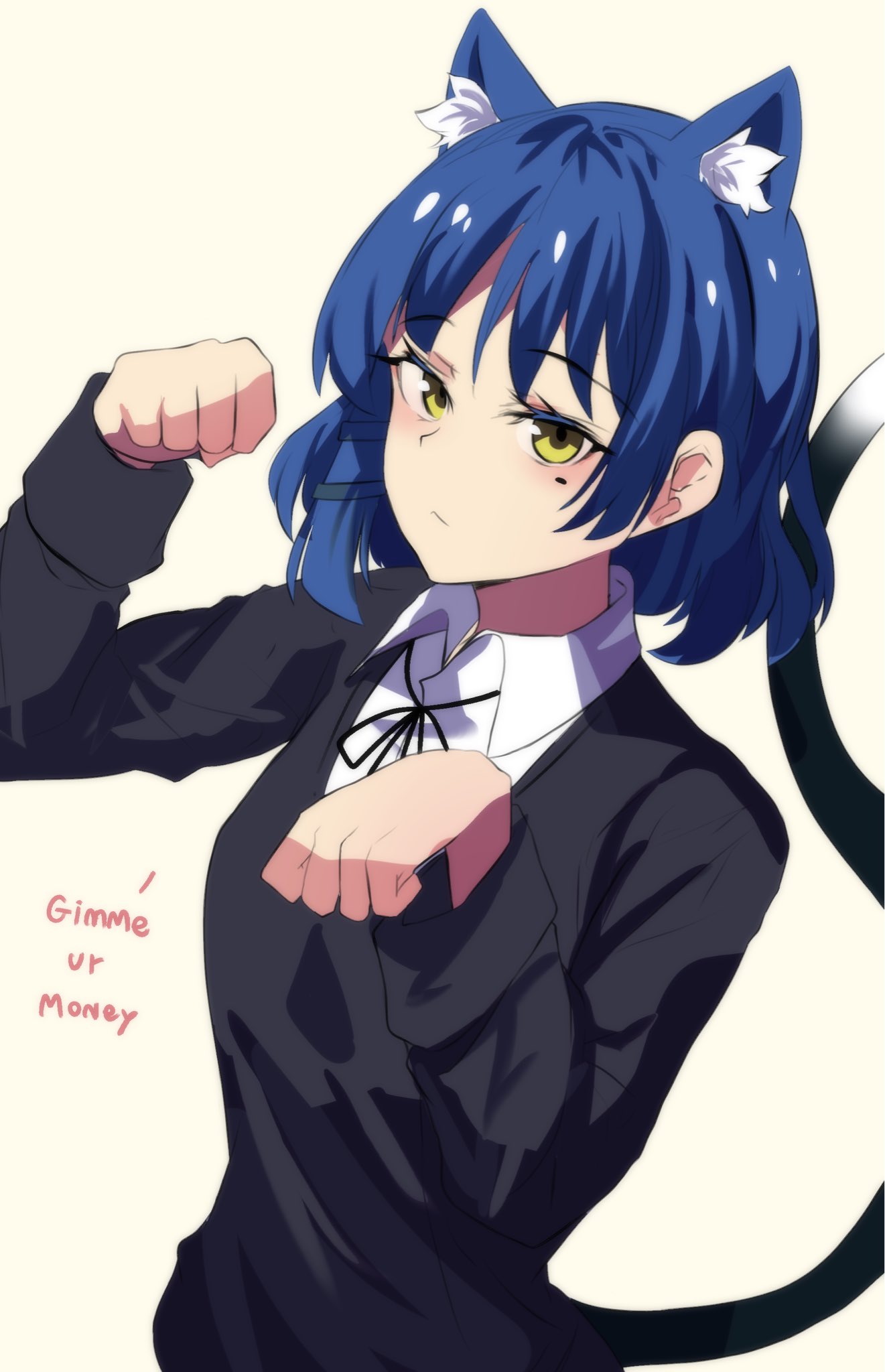 1girl :&lt; animal_ear_fluff animal_ears black_fur black_ribbon black_sweater blue_hair bocchi_the_rock! breasts cat_ears cat_tail closed_mouth collared_shirt commentary english_commentary english_text expressionless eyelashes hair_ornament hairclip hands_up highres hinghoi light_blush long_sleeves looking_at_viewer mole mole_under_eye parted_bangs paw_pose ribbon shirt short_hair sidelocks simple_background small_breasts solo sweater tail upper_body white_shirt yamada_ryou yellow_background yellow_eyes
