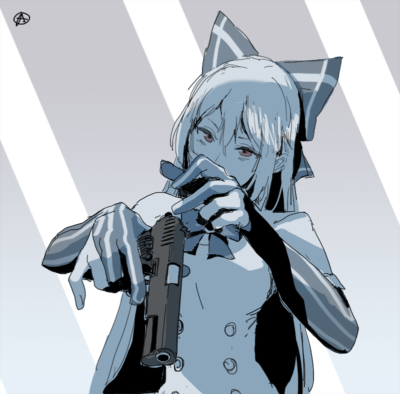 1girl bow circle_a commentary_request dress girls_frontline gun hair_between_eyes hair_bow handgun holding holding_gun holding_weapon juliet_sleeves long_hair long_sleeves muted_color puffy_sleeves red_eyes simple_background solo tokarev_(girls'_frontline) tokarev_tt-33 upper_body weapon white_dress