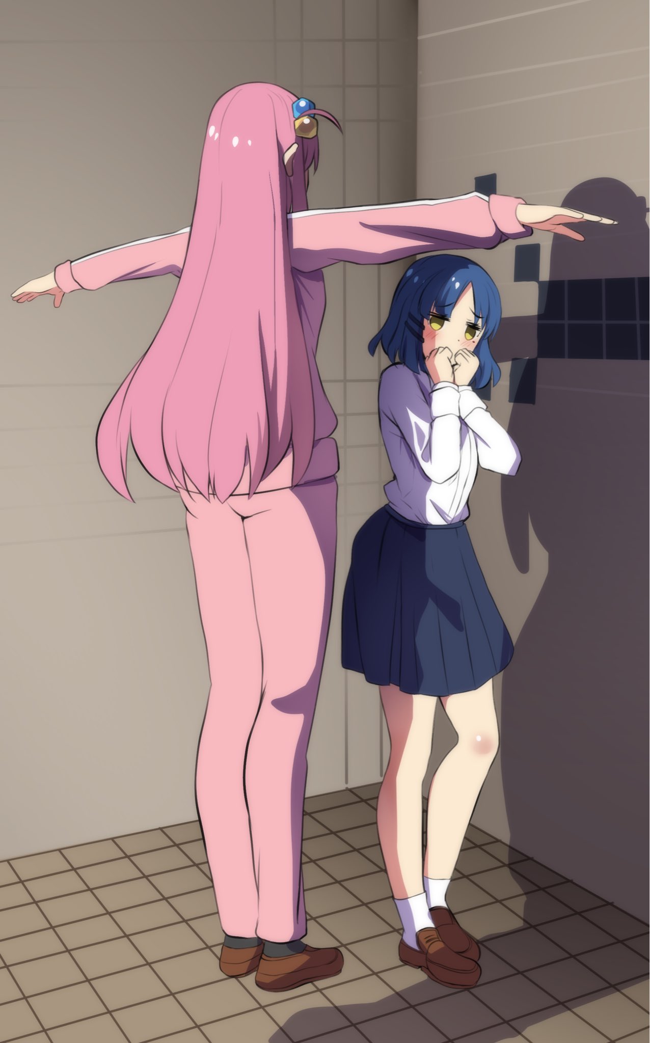 2girls bathroom black_skirt blue_hair blush bocchi_the_rock! brown_footwear commentary covering_mouth cube_hair_ornament english_commentary full_body gotou_hitori hair_ornament highres hinghoi jacket loafers long_hair long_legs long_sleeves looking_at_another meme mole mole_under_eye multiple_girls one_side_up outstretched_arms own_hands_together pants parted_bangs pink_hair pink_jacket pink_pants pleated_skirt school_uniform shadow shirt shoes short_hair skirt socks t-pose tile_floor tile_wall tiles very_long_hair white_shirt white_socks yamada_ryou yellow_eyes
