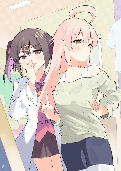 2girls aged_up ahoge alternate_costume black_hair breasts brown_eyes colored_inner_hair double_v hair_between_eyes hair_ornament huge_ahoge long_hair long_sleeves multicolored_hair multiple_girls onii-chan_wa_oshimai! oyama_mahiro oyama_mihari pink_hair purple_hair smile tinaika v