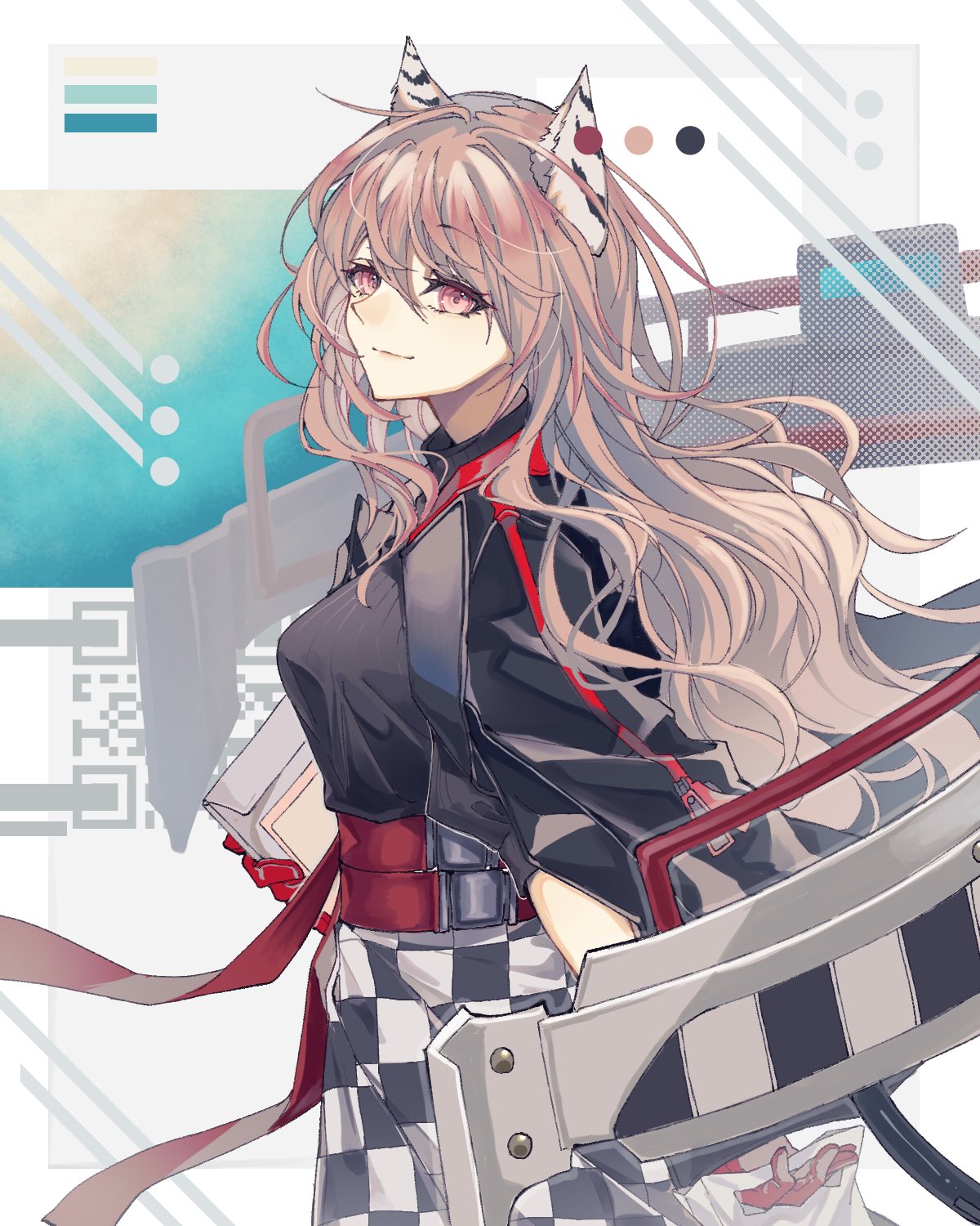 1girl animal_ears black_jacket black_shirt checkered_clothes checkered_skirt cowboy_shot from_side girls'_frontline_neural_cloud girls_frontline gloves highres jacket long_hair looking_at_viewer looking_to_the_side official_alternate_costume open_clothes open_jacket persicaria_(girls'_frontline_nc) persicaria_(mocha_chorus)_(girls'_frontline_nc) pink_eyes pink_hair rabb_horn red_gloves shirt skirt smile solo