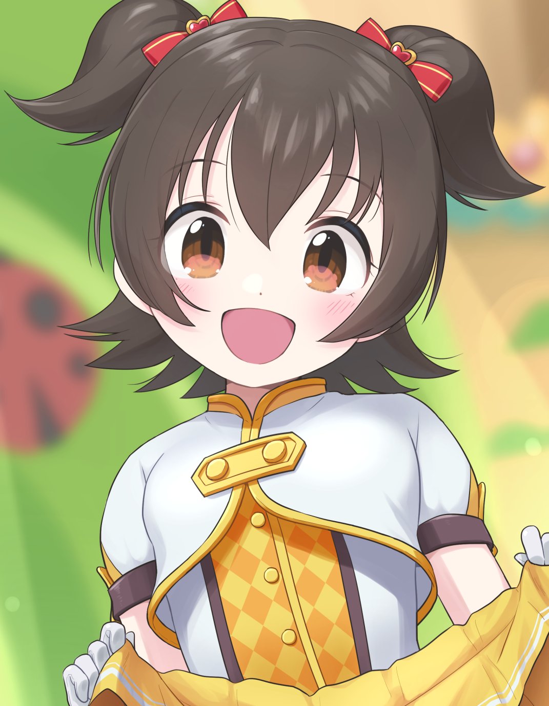 1girl akagi_miria black_hair blurry blurry_background blush bow brown_eyes buttons clothes_lift commentary_request dot_nose gloves hair_between_eyes hair_bow hand_up highres idolmaster idolmaster_cinderella_girls jacket l.m.b.g_(idolmaster) lifted_by_self looking_at_viewer open_mouth out-of-frame_censoring shirt short_hair short_sleeves short_twintails sidelocks skirt skirt_lift smile solo twintails white_gloves white_jacket white_shirt yama_tatsuo yellow_skirt