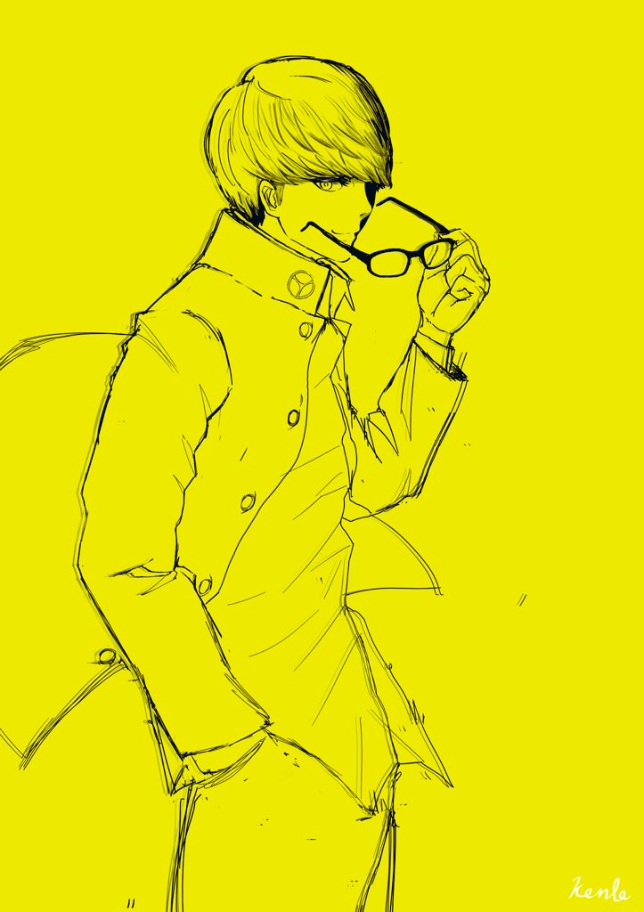 1boy artist_name eyewear_removed hand_in_pocket holding holding_eyewear kento128945 long_sleeves looking_at_viewer male_focus narukami_yuu persona persona_4 school_uniform short_hair sketch solo standing yellow_theme