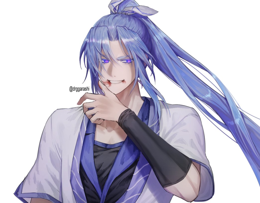 1boy artist_name blood blood_on_face blue_hair collarbone drggarashi english_text khun_edhuan long_hair looking_at_viewer male_focus ponytail short_sleeves smile solo tower_of_god traditional_clothes twitter_username very_long_hair violet_eyes white_background wiping_blood