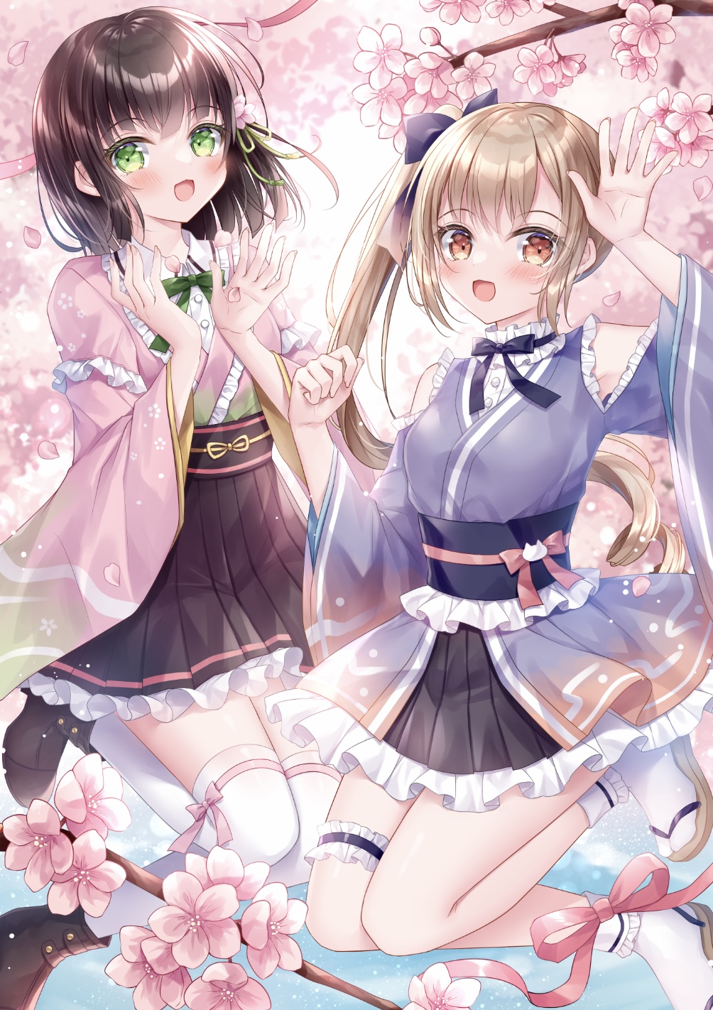 2girls :d arm_up bare_shoulders black_footwear black_skirt blue_bow blue_kimono blush boots boude_miu bow brown_eyes brown_footwear brown_hair clothing_cutout commentary_request flower frilled_skirt frilled_sleeves frilled_socks frills green_eyes hair_flower hair_ornament hands_up highres japanese_clothes kimono kohinata_hoshimi long_hair long_sleeves looking_at_viewer midorikawa_sakura multiple_girls original petals pink_flower pink_kimono pleated_skirt shirt shoulder_cutout side_ponytail skirt smile socks thigh-highs thighhighs_under_boots tree very_long_hair white_shirt white_thighhighs wide_sleeves zouri