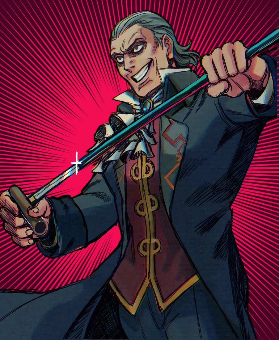 1boy ace_attorney ascot blue_jacket blue_pants brooch cane evil_grin evil_smile formal furrowed_brow grey_hair grin holding holding_cane holding_weapon jacket jewelry long_sleeves male_focus manfred_von_karma nasu1055 old old_man open_mouth pants smile solo sparkle suit weapon white_ascot