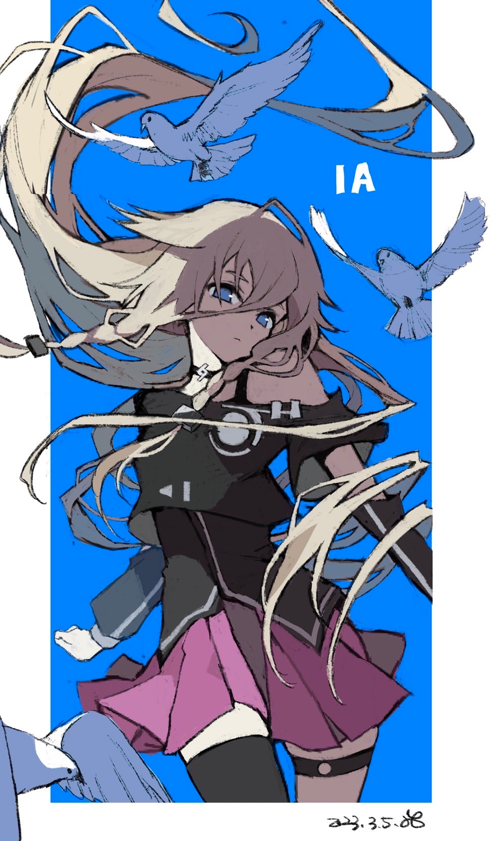 1girl arms_at_sides arms_up bird black_choker black_tank_top black_thighhighs blue_background blue_eyes border braid character_name choker closed_mouth contrapposto cowboy_shot crop_top dated dot_nose expressionless floating_hair grey_hair hair_between_eyes half-closed_eyes highres ia_(vocaloid) long_hair long_sleeves looking_at_viewer low_twin_braids ofgwr pink_skirt pleated_skirt shade sidelighting simple_background single_horizontal_stripe single_thighhigh single_vertical_stripe skirt solo spiky_hair tank_top thigh-highs thigh_gap thigh_strap twin_braids very_long_hair vocaloid white_bird white_border