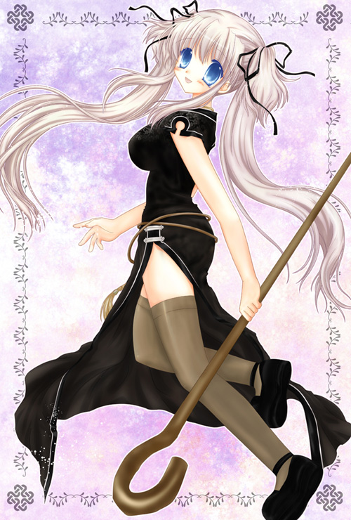 1girl 2000s_(style) :d archived_source black_dress black_footwear black_ribbon blue_eyes breasts china_dress chinese_clothes dress floating_hair floral_print grey_hair grey_thighhighs hair_between_eyes hair_ribbon holding holding_staff long_hair mabinogi medium_breasts nao_(mabinogi) open_mouth outline print_dress ribbon shararan shepherd's_crook shoes sidelocks smile solo staff thigh-highs twintails very_long_hair white_outline zettai_ryouiki