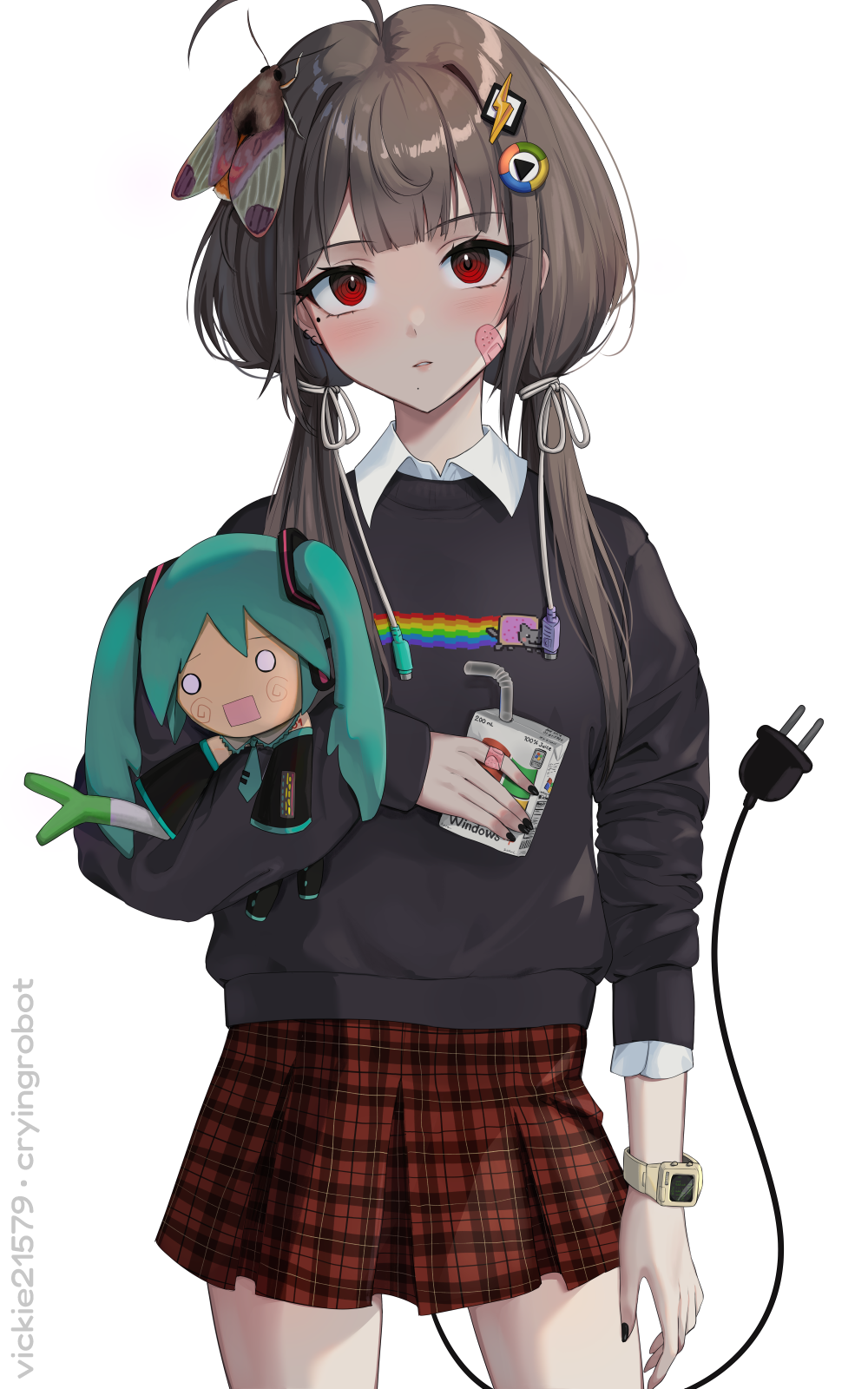 1girl ahoge alternate_hairstyle aqua_hair artist_name bandaid bandaid_on_face black_nails black_sweater blunt_bangs brown_hair bug cable cable_tail character_doll cowboy_shot drink earrings electric_plug eyelashes fingernails hachune_miku hair_ornament hatsune_miku highres holding holding_drink jewelry juice_box long_sleeves looking_at_viewer mechanical_tail medium_hair microsoft_windows mole mole_under_eye moth nyan_cat o_o original parted_lips plaid plaid_skirt rainbow red_eyes red_skirt ringed_eyes simple_background skirt solo spring_onion standing sweater tail twintails vickie_(cryingrobot) vickie_(cryingrobot)_(character) vocaloid watch watch white_background