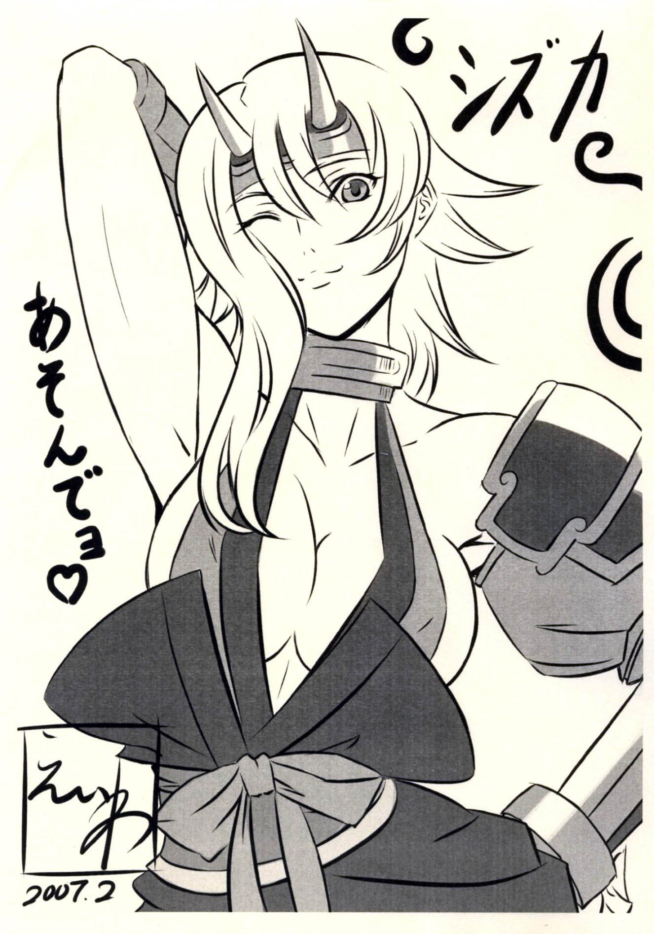 breasts cleavage eiwa hand_on_hip headband highres horns large_breasts monochrome queen's_blade queen's_blade shizuka shizuka_(queen's_blade) signature smile wink